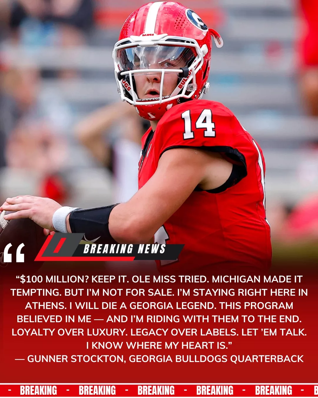 “$100 MILLION? KEEP IT!” Gunner Stockton Stuns the SEC: “I’ll Die a Georgia Legend!” In a moment that sent shockwaves through college football, Gunner Stockton turned down a staggering nine-figure offer and delivered the line destined to echo through Georgia Bulldogs history: “I’ll die a Georgia legend!”